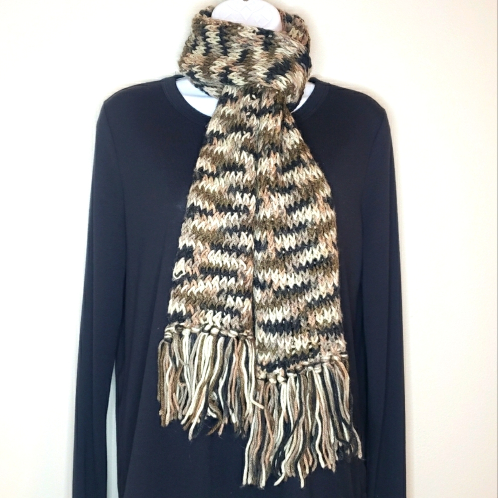 Neutral Earth Colors Handcrafted Crochet Scarf with Fringe Edges